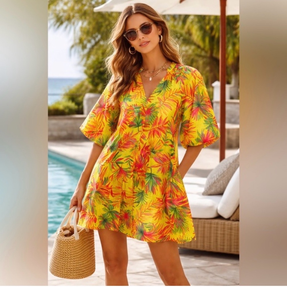 Magaschoni Tropical Linen Mini Dress